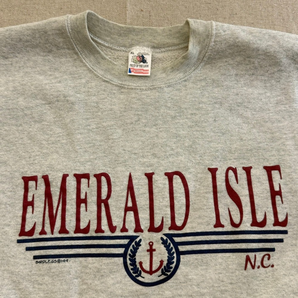 Vintage 1991 Fruit of the Loom Emerald Isle NC Sweatshirt Mens XL Gray Nautical